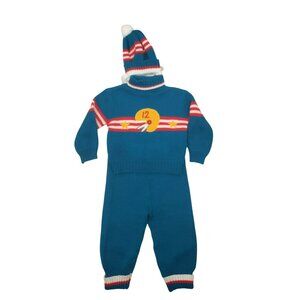 Vintage Let Kids Teal Knit Football Knit Sweater Pants Beanie Hat 70s Retro 24M